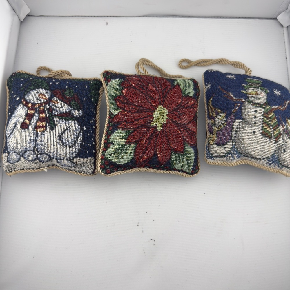 Vtg Needlepoint‎ Snowman Poinsettia Mini Pillow Doorknob Hanger 5"x5" Ornament